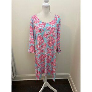 Light Blue Pink Floral Print 3/4 Sleeve Dress Size Large
